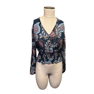 Gypsies & Moondust Paisley Teal Cropped Smocked Bohemian Rayon Blouse Top Sz M